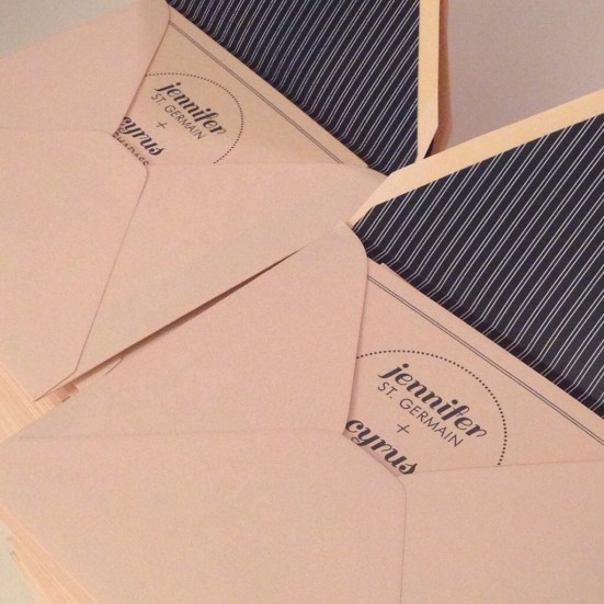 It's a little hard to tell from the photo but the paper color is a very pale blush and the type and envelope liner are a deep navy.